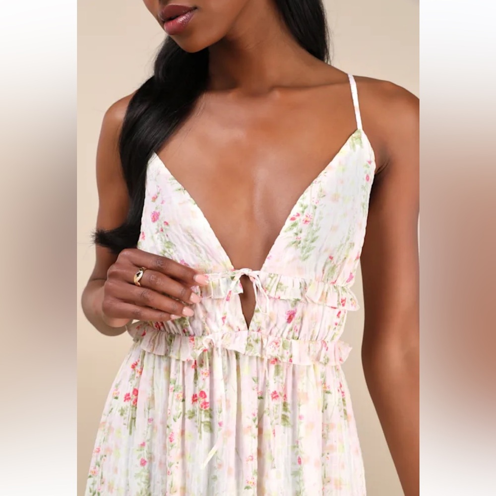 Lulus Sandi Ivory Multi Floral Tie-Front Midi Dress New with tags size Medium - Picture 4 of 11
